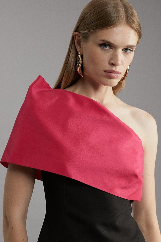 Karen Millen Clean Tailored Taffeta One Shoulder Panel Midi Dress Black