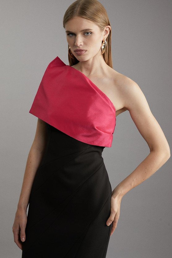 Karen Millen Clean Tailored Taffeta One Shoulder Panel Midi Dress Black
