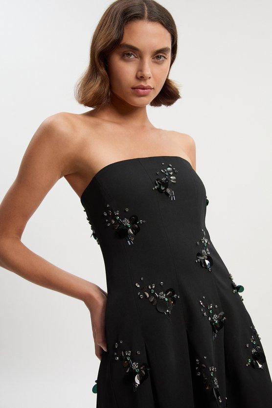 Karen Millen Cluster Sequin & Crystal Embellished Bandeau Tailored Mini Dress Black