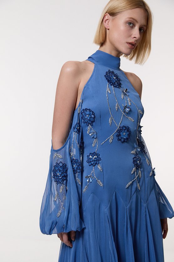 Karen Millen Cold Shoulder 3D Floral Applique Woven Maxi Dress Blue