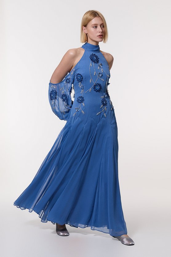 Karen Millen Cold Shoulder 3D Floral Applique Woven Maxi Dress Blue