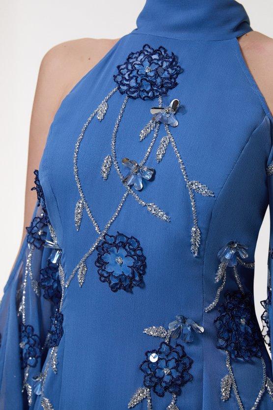 Karen Millen Cold Shoulder 3D Floral Applique Woven Maxi Dress Blue