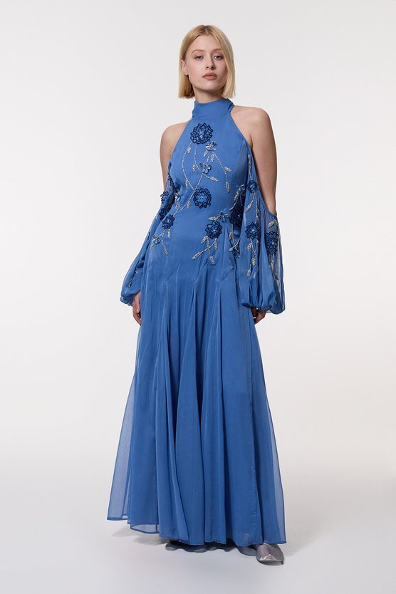 karen millen Cold Shoulder 3D Floral Applique Woven Maxi Dress blue