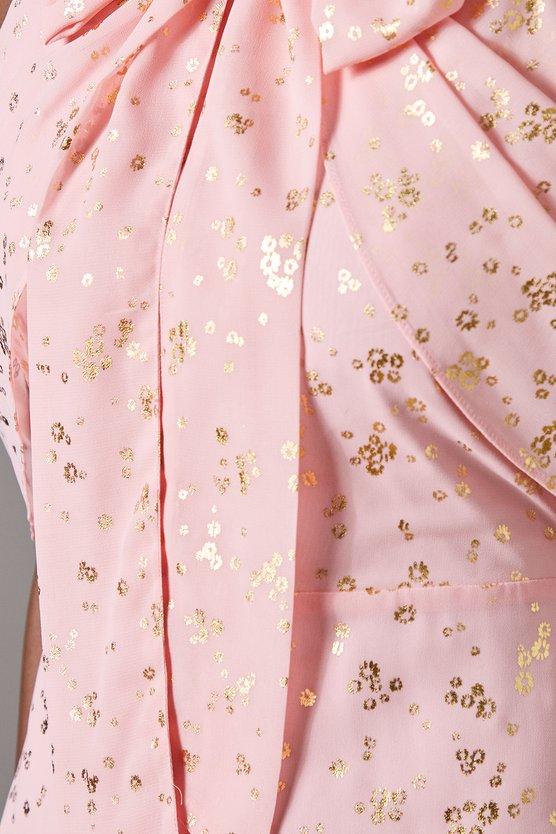 Karen Millen Cold Shoulder Jacquard Midi Dress With Wrap Skirt And Tie Neck Pink