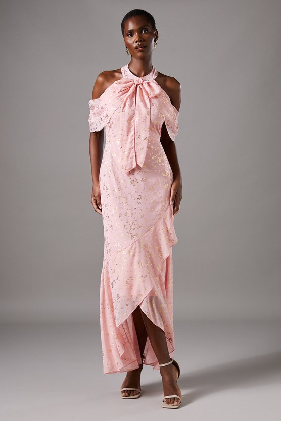 karen millen Cold Shoulder Jacquard Midi Dress With Wrap Skirt And Tie Neck pink