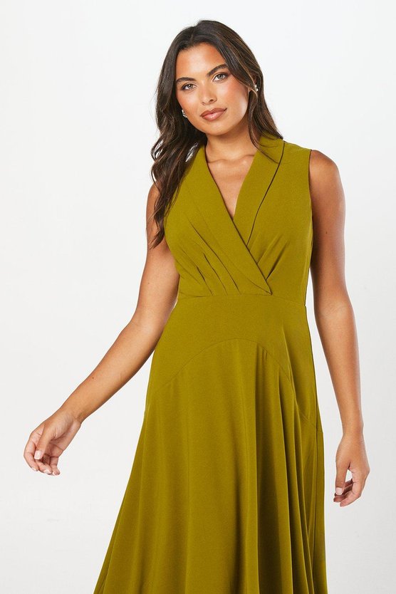 Karen Millen Collared Wrap Bodice Drape Crepe Midi Wedding Guest Dress Olive