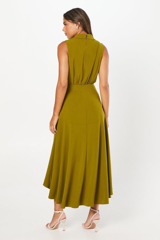Karen Millen Collared Wrap Bodice Drape Crepe Midi Wedding Guest Dress Olive