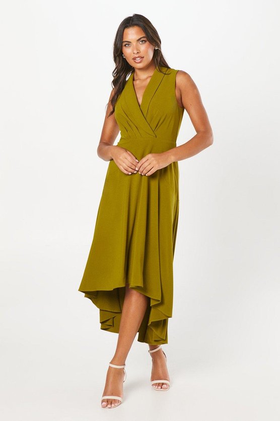 karen millen Collared Wrap Bodice Drape Crepe Midi Wedding Guest Dress olive