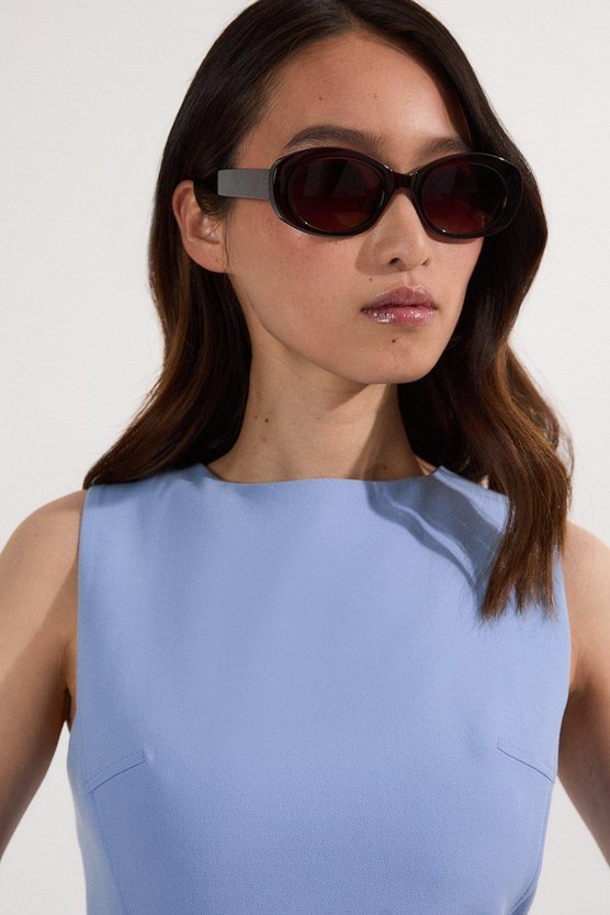 Karen Millen Compact Essential Belted Tailored Midi Dress Pale Blue