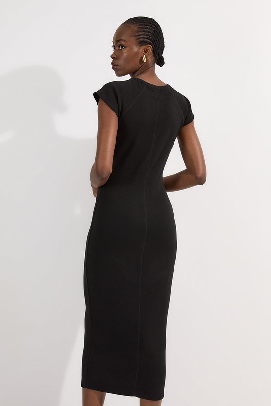 Karen Millen Compact Jersey Rib Cap Sleeve Maxi Dress Black