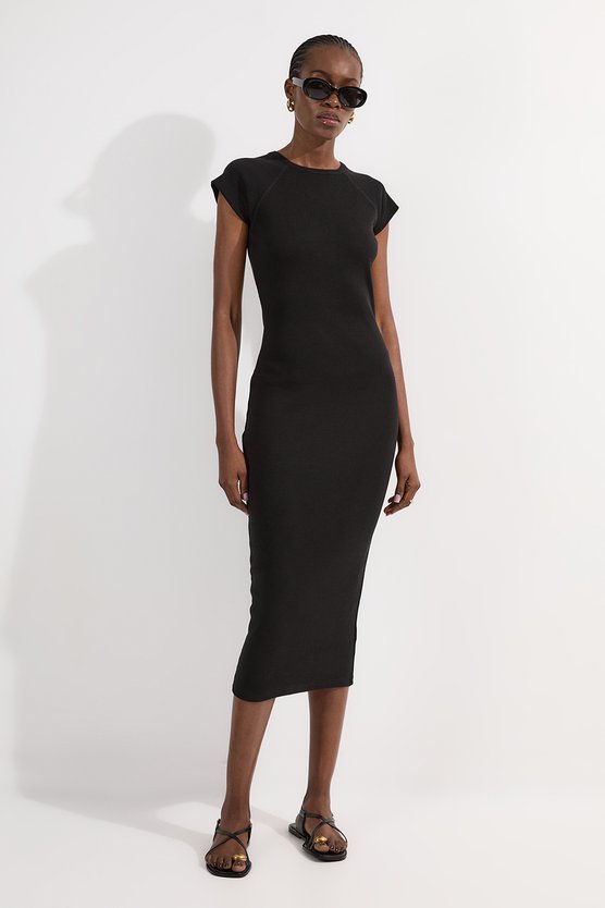 karen millen Compact Jersey Rib Cap Sleeve Maxi Dress black