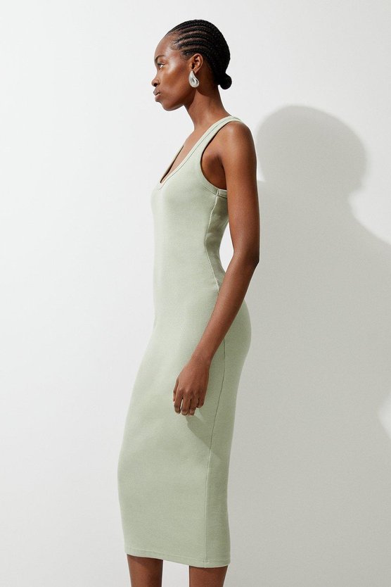 Karen Millen Compact Jersey Rib Racer Midi Dress Sage