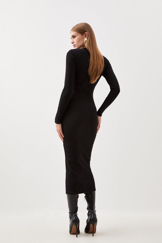 Karen Millen Compact Jersey Ribbed Midi Dress Black