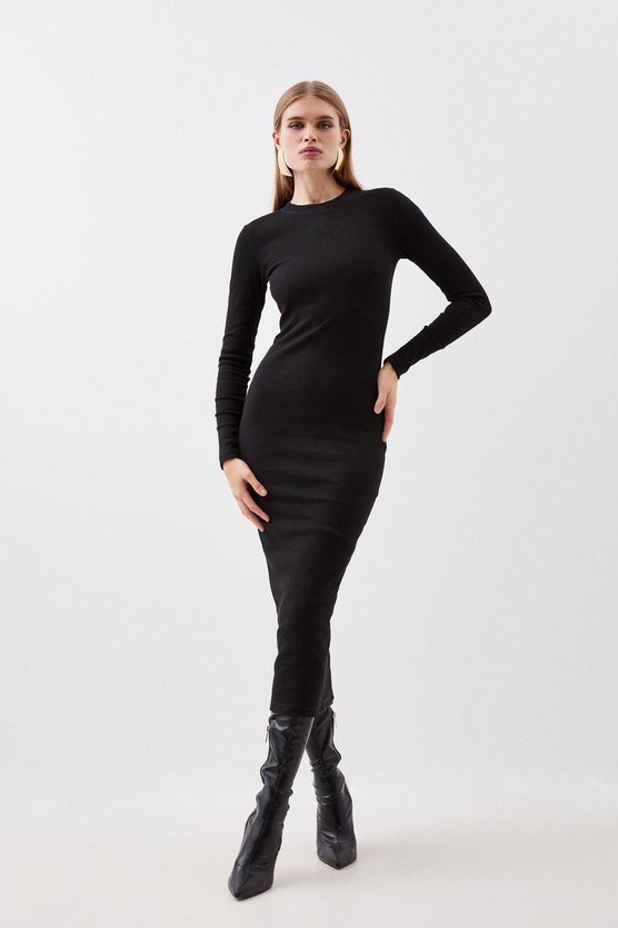 karen millen Compact Jersey Ribbed Midi Dress black