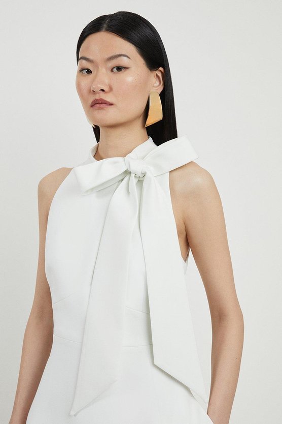 Karen Millen Compact Stretch Bow Tie Neck Full Skirted Midi Dress Ivory