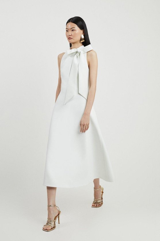 Karen Millen Compact Stretch Bow Tie Neck Full Skirted Midi Dress Ivory