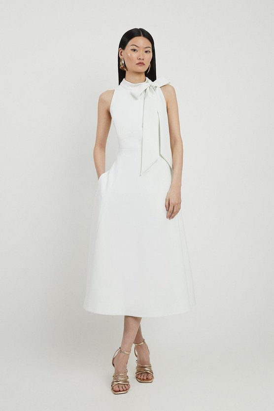 karen millen Compact Stretch Bow Tie Neck Full Skirted Midi Dress ivory