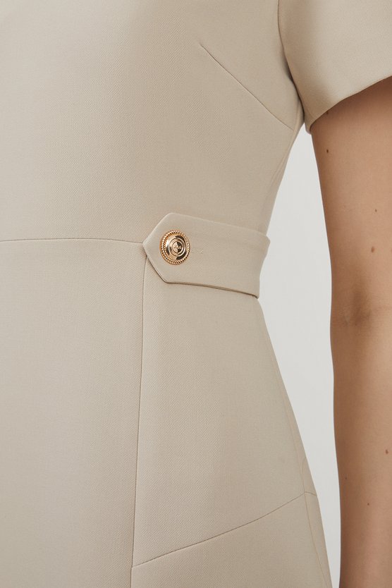 Karen Millen Compact Stretch Essential Waist Tab Detail Tailored Mini Dress Beige