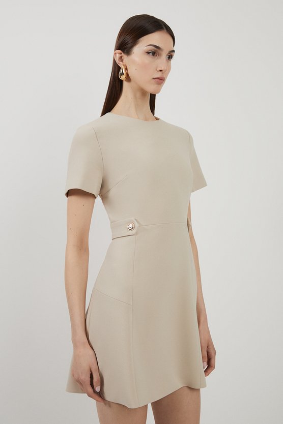 Karen Millen Compact Stretch Essential Waist Tab Detail Tailored Mini Dress Beige