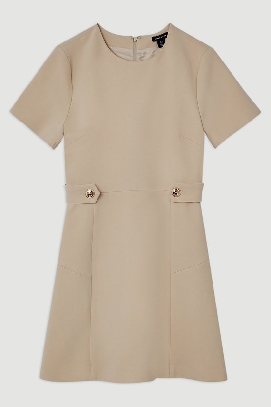 Karen Millen Compact Stretch Essential Waist Tab Detail Tailored Mini Dress Beige