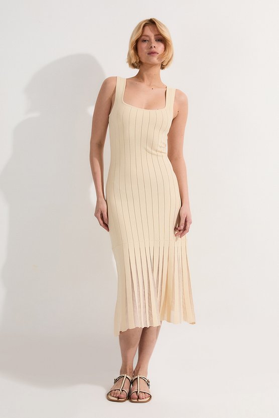 Karen Millen Compact Stretch Square Neck Knitted Flippy Dress Cream