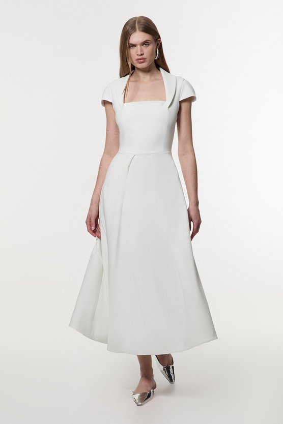 karen millen Compact Stretch Square Neck Tailored Full Skirted Maxi Dress ivory