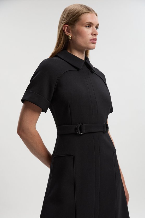 Karen Millen Compact Stretch Tab Detail Full Skirted Midi Dress Black