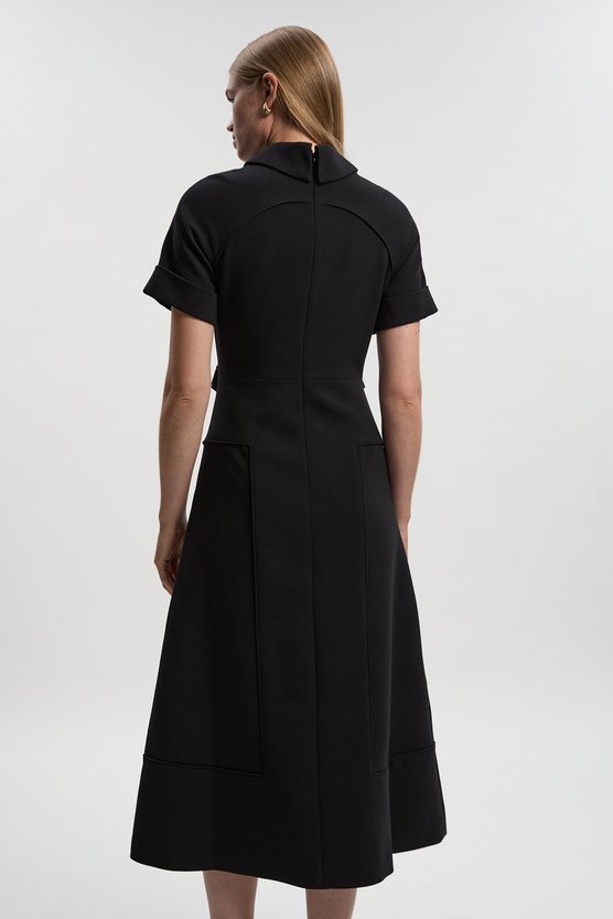 Karen Millen Compact Stretch Tab Detail Full Skirted Midi Dress Black