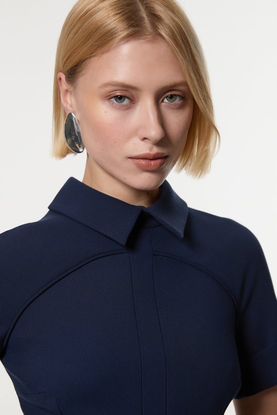 Karen Millen Compact Stretch Tab Detail Full Skirted Midi Dress Navy