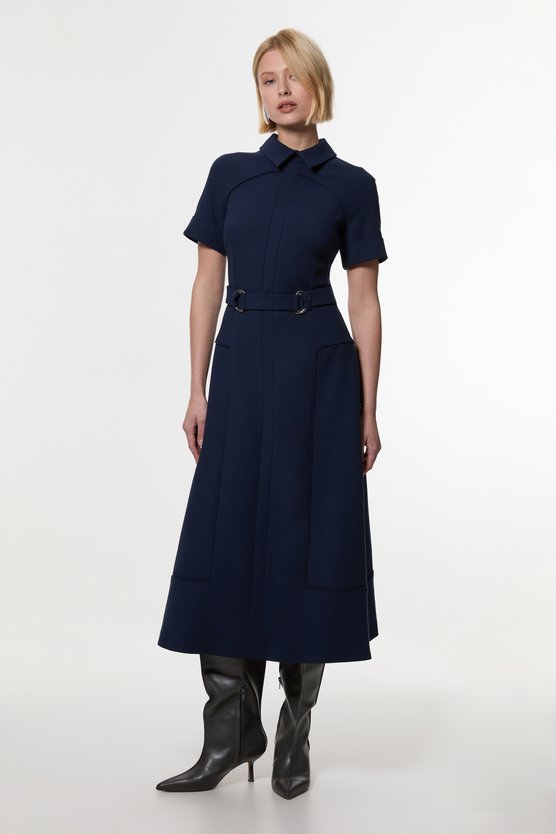 Karen Millen Compact Stretch Tab Detail Full Skirted Midi Dress Navy