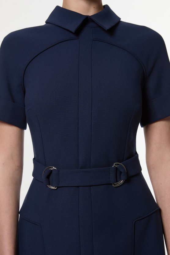 Karen Millen Compact Stretch Tab Detail Full Skirted Midi Dress Navy