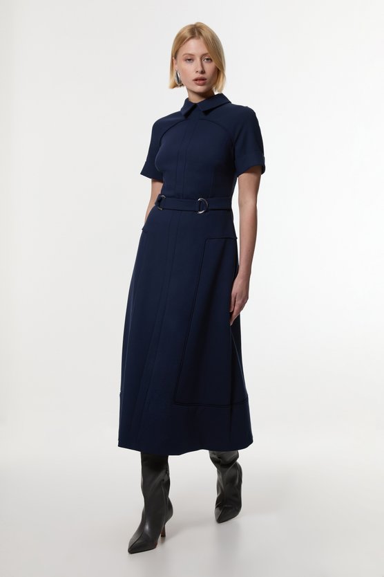 karen millen Compact Stretch Tab Detail Full Skirted Midi Dress navy