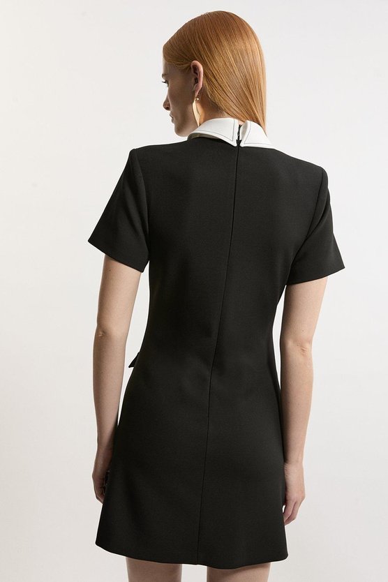 Karen Millen Compact Stretch Tailored Collared Button Detail Mini Dress Black