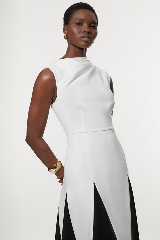 Karen Millen Compact Stretch Tailored Colour Block Full Skirted Midi Dress Ivory