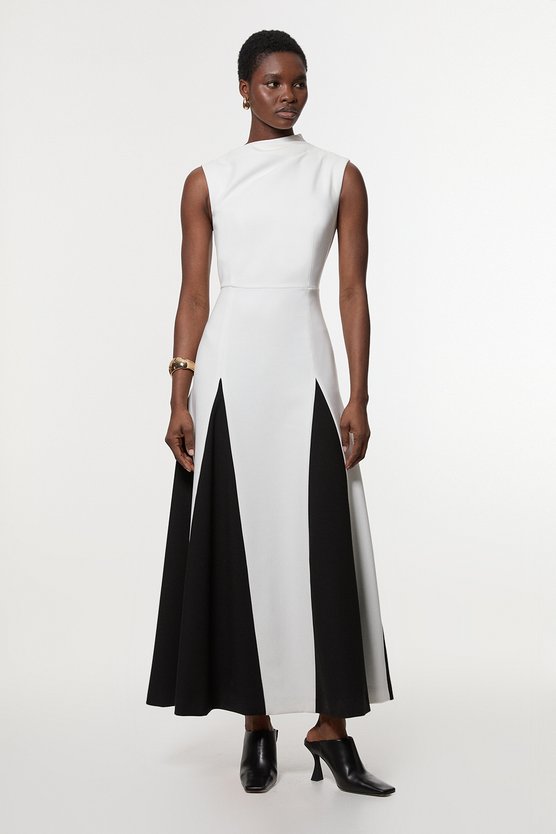 Karen Millen Compact Stretch Tailored Colour Block Full Skirted Midi Dress Ivory