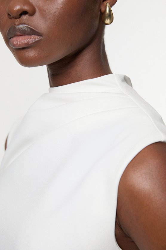 Karen Millen Compact Stretch Tailored Colour Block Full Skirted Midi Dress Ivory