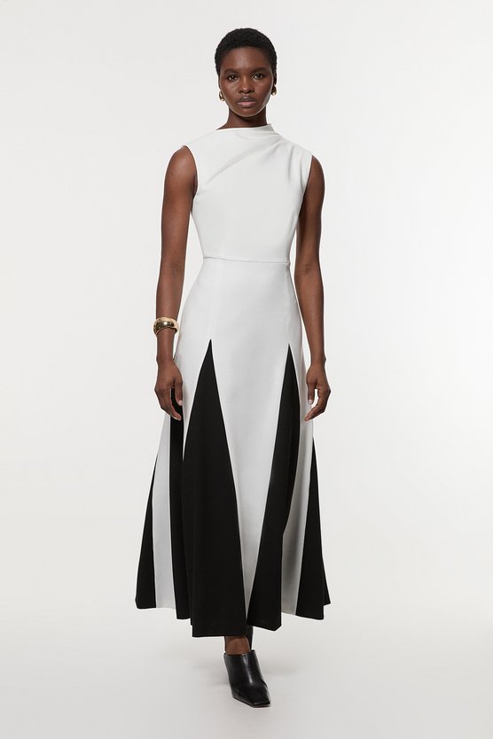 karen millen Compact Stretch Tailored Colour Block Full Skirted Midi Dress ivory