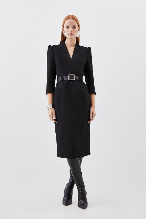 karen millen Compact Stretch Tailored Forever Belted Midi Dress black