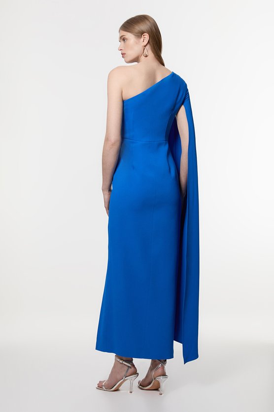 Karen Millen Compact Stretch Viscose One Shoulder Cape Maxi Dress Cobalt