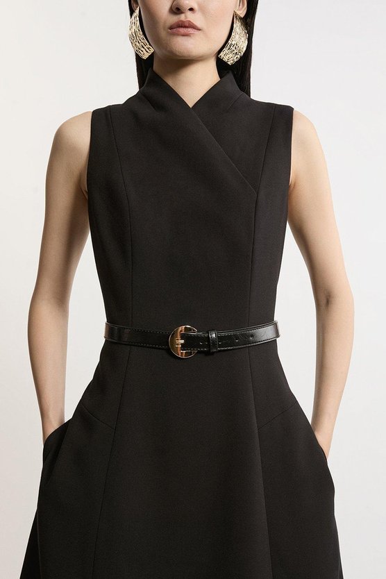 Karen Millen Compact Stretch Wrap Neck Tailored Midi Dress Black