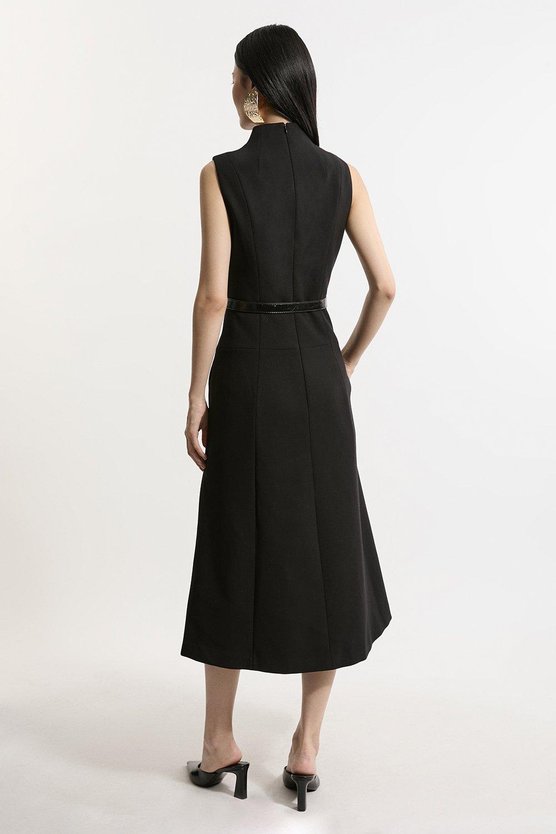 Karen Millen Compact Stretch Wrap Neck Tailored Midi Dress Black