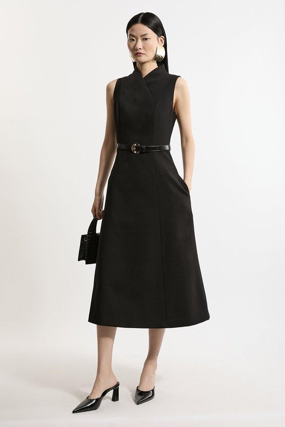 karen millen Compact Stretch Wrap Neck Tailored Midi Dress black