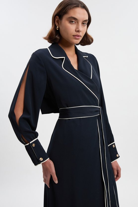 Karen Millen Contrast Tipping Tie Waist Long Sleeve Woven Trench Midi Dress Navy
