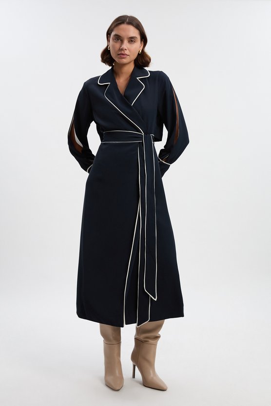 karen millen Contrast Tipping Tie Waist Long Sleeve Woven Trench Midi Dress navy