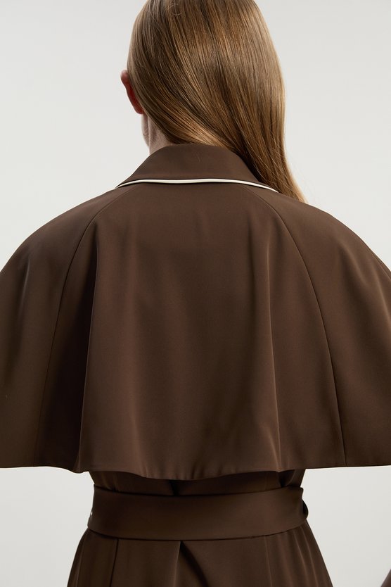 Karen Millen Contrast Tipping Tie Waist Short Sleeve Woven Trench Midi Dress Chocolate