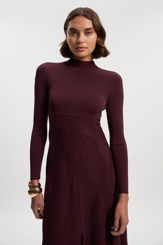 Karen Millen Contrast Wave Knit A-Line Knitted Long Sleeve Dress Burgundy