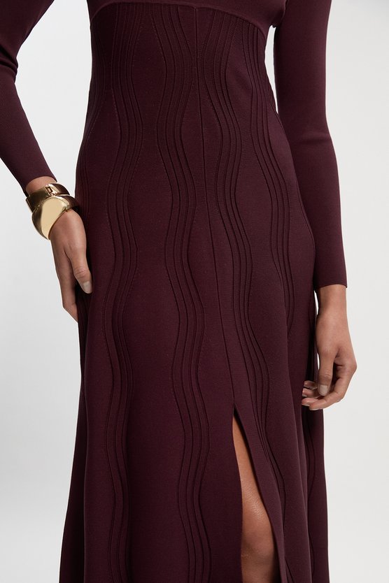 Karen Millen Contrast Wave Knit A-Line Knitted Long Sleeve Dress Burgundy