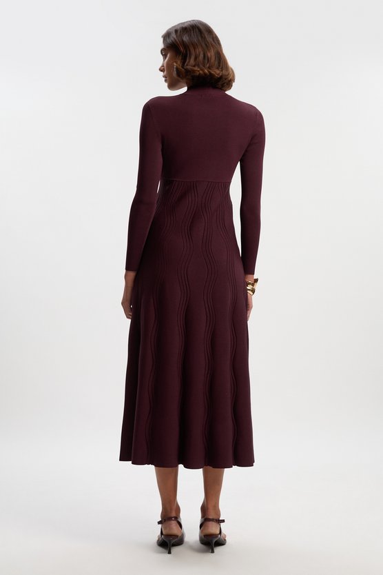 Karen Millen Contrast Wave Knit A-Line Knitted Long Sleeve Dress Burgundy