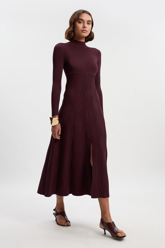 karen millen Contrast Wave Knit A-Line Knitted Long Sleeve Dress burgundy