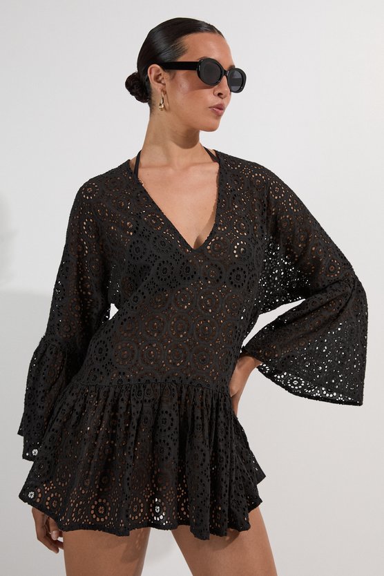 karen millen Cotton Broderie Beach Mini Kimono black